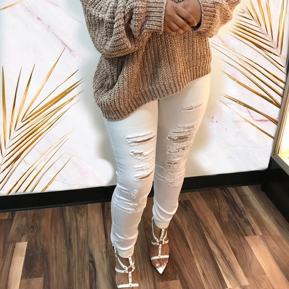 ‼️ White Ripped Stretch Denim Jean Distress - Picture 2 of 8